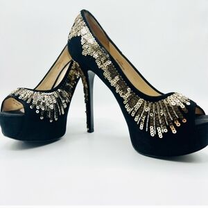 Nine West Velvet Gold Sequin Heels.